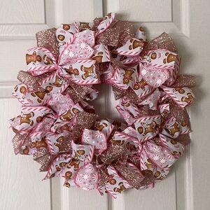 HAND CRAFTED Gingerbread Wreath Pink Gold Glitter NEW 16 Inches Peppermint